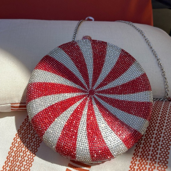 NWT Alessia Red and Silver Peppermint Candy Rhinestone Clutch - Picture 2 of 5
